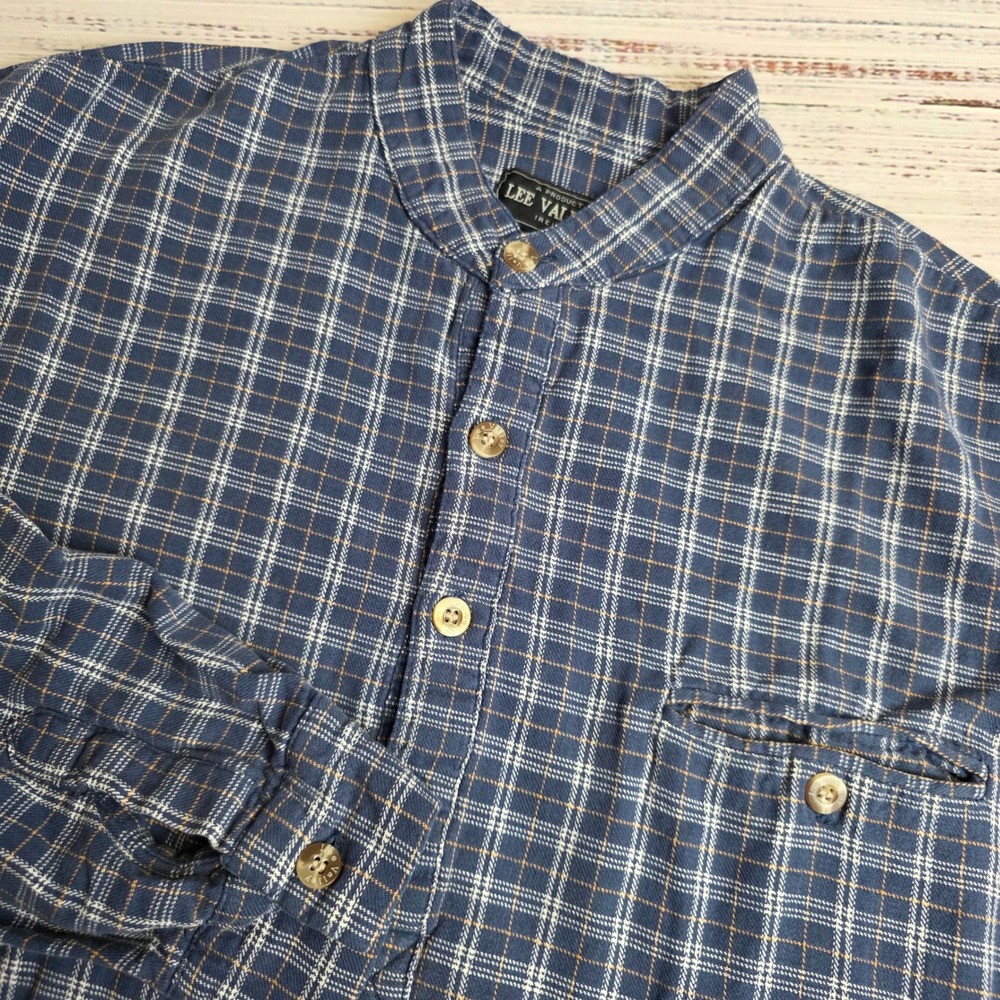 Lee Valley Ireland Grandfather‎ Shirt XL Blue Plaid Cotton Flannel Band Collar